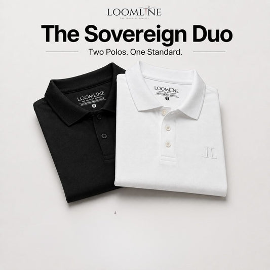 Two folded LOOMLINE polo shirts, one black and one white, displayed side by side under the heading 'The Sovereign Duo' on a clean white background.