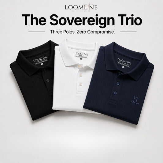 Three folded polo shirts from Loomline called The Sovereign Trio, shown in black, white, and navy blue on a light gray background with promotional text at the top.