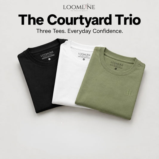 Three folded crewneck t-shirts from LOOMLINE The Courtyard Trio in black, white, and sage green, arranged on a light gray background with promotional text.